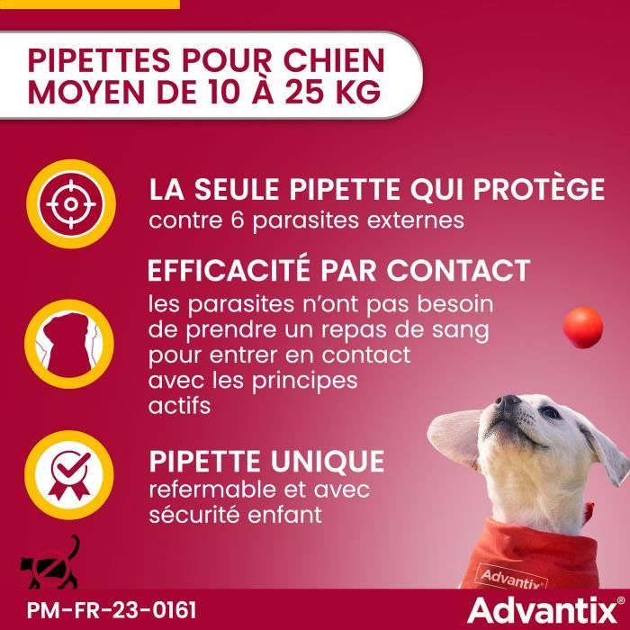 ADVANTIX Chien Solution Antiparasitaire Race Moyenne 10 a 25kg 4 pipettes