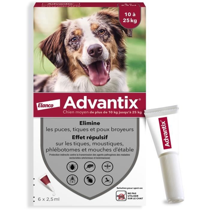 ADVANTIX Chien Solution Antiparasitaire Race Moyenne 10 a 25kg 6 pipettes