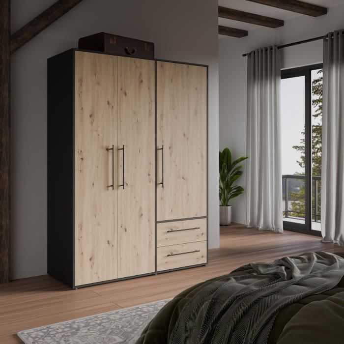 Armoire - Décor Chene Artisan / Noir - 3 portes - L144,4 x P58,8 x H200cm - MOKKARIS