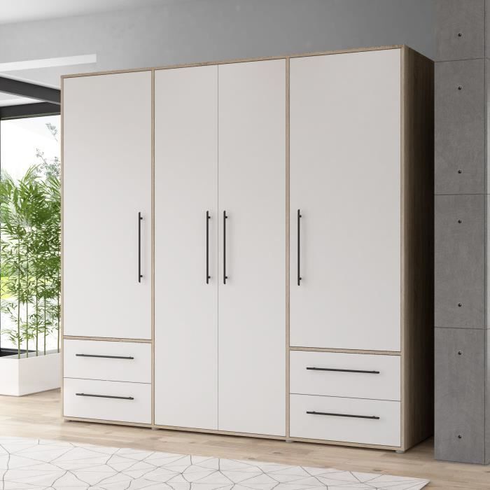 Armoire - Chene Sonoma / Blanc mat - 4 portes battantes - L205,9 x P58,8 x H200 - MOKKARIS