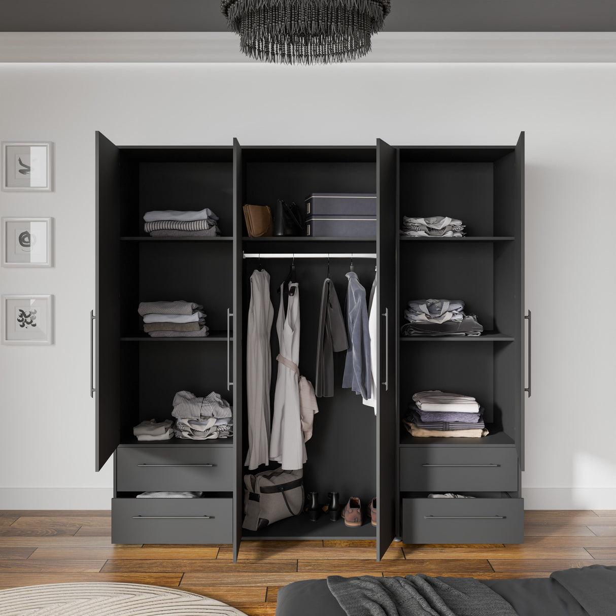 Armoire de chambre - MOKKARIS - Décor Noir - 4 portes battantes - 4 tiroirs - L205,9 x P58,8 x H200cm