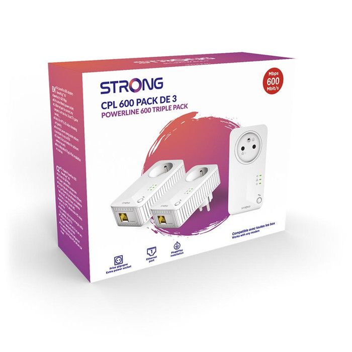 Kit CPL - STRONG - CPL 600 Pack de 3 - 600 MB - Prise FiltrÈe, 3 Adaptateurs, Triple Pack