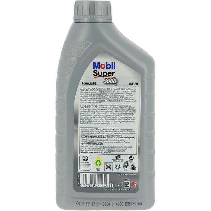 Huile moteur 5W-30 Synthétique - MOBIL - Super 3000 - Formula-XE -bidon 1L - haute performance anti-pollution