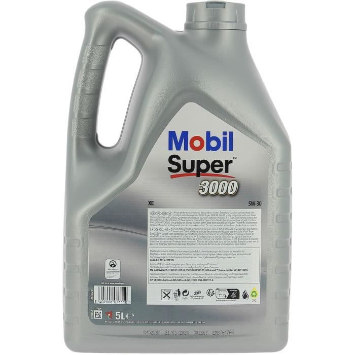 Huile moteur 5W-30 Synthétique - MOBIL - Super 3000 - Formula-XE -bidon 5L - haute performance anti-pollution