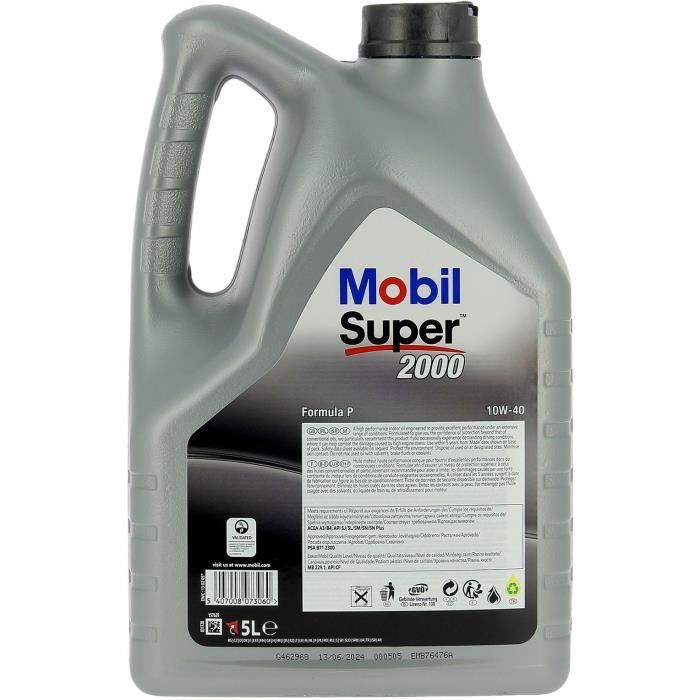 Huile moteur 10W-40 Synthétique - MOBIL - Super 2000 X1 - Formula-P -bidon 5L - haute performance anti-pollution