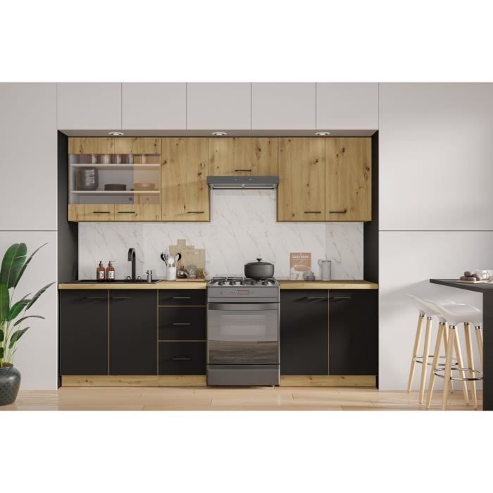 MODENA - Cuisine complete - 260 x 52 x 82 cm - Chene artisan / Noir mat - Plan de travail non inclus
