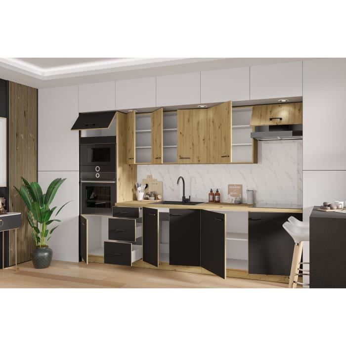 MODENA - Cuisine complete - 300 x 52 x 82 cm - Chene artisan / Noir mat - Plan de travail non inclus