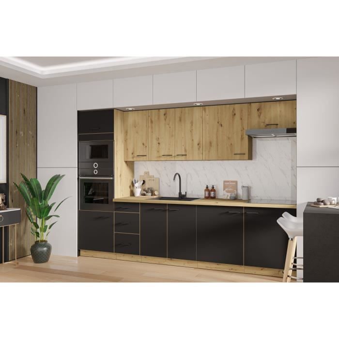 MODENA - Cuisine complete - 300 x 52 x 82 cm - Chene artisan / Noir mat - Plan de travail non inclus