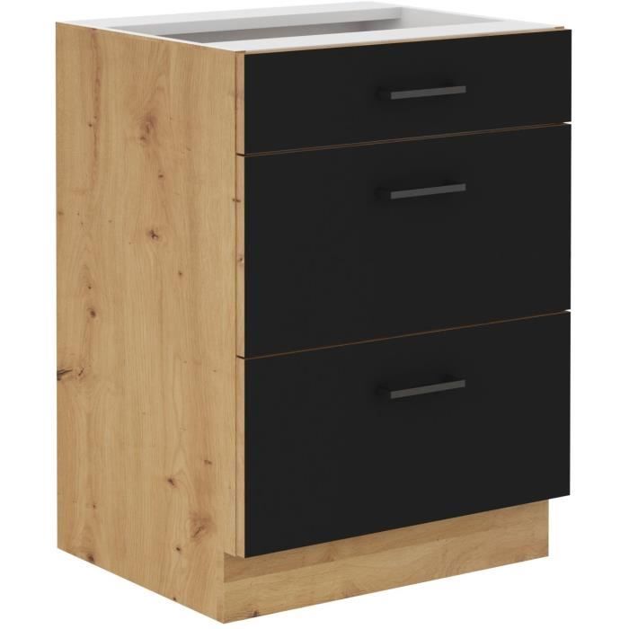 MODENA - Meuble bas casserolier - 3 tiroirs - 60 x 52 x 82 cm - Chene artisan / Noir mat - Plan de travail non inclus