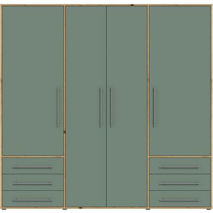 Armoire de chambre - MOKKARO - Décor Vert Sauge et chene - 4 portes battantes - 6 tiroirs - L205,9 x P53 x H200 cm