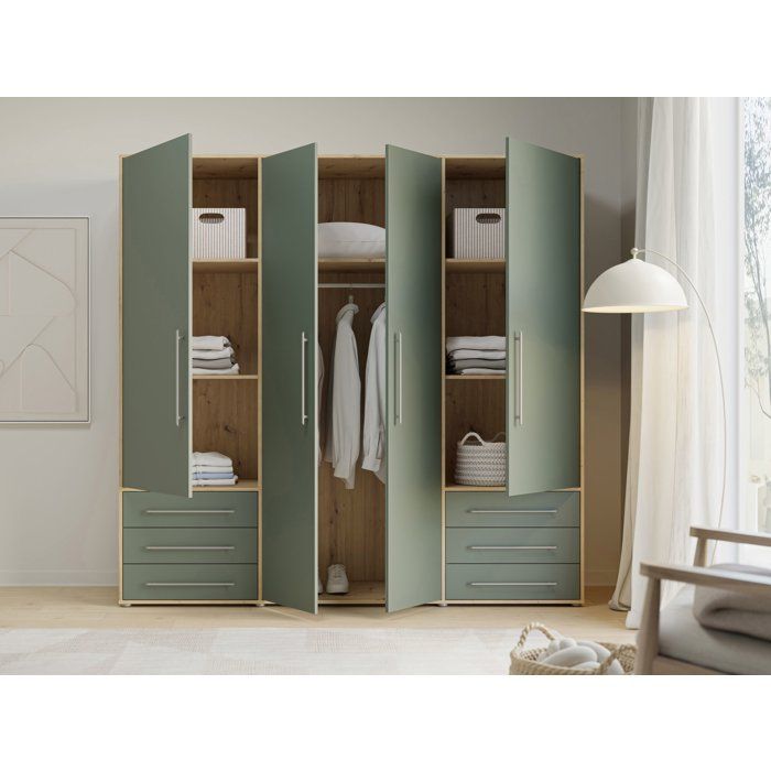 Armoire de chambre - MOKKARO - Décor Vert Sauge et chene - 4 portes battantes - 6 tiroirs - L205,9 x P53 x H200 cm