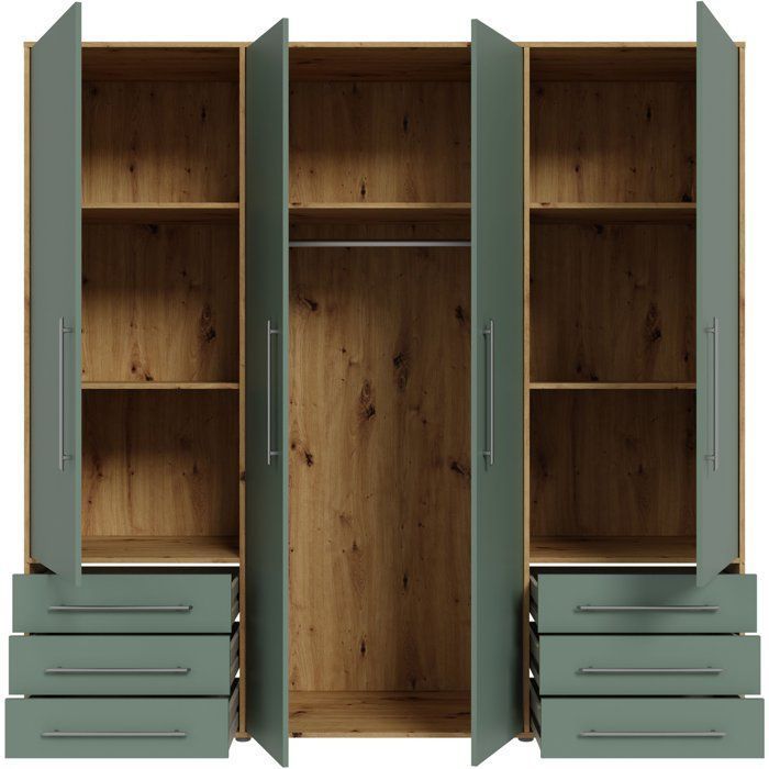 Armoire de chambre - MOKKARO - Décor Vert Sauge et chene - 4 portes battantes - 6 tiroirs - L205,9 x P53 x H200 cm
