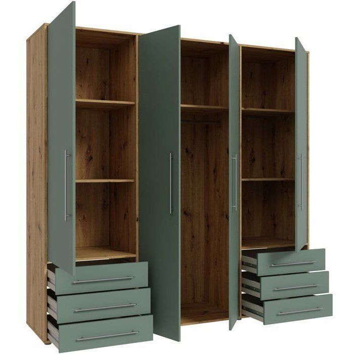 Armoire de chambre - MOKKARO - Décor Vert Sauge et chene - 4 portes battantes - 6 tiroirs - L205,9 x P53 x H200 cm