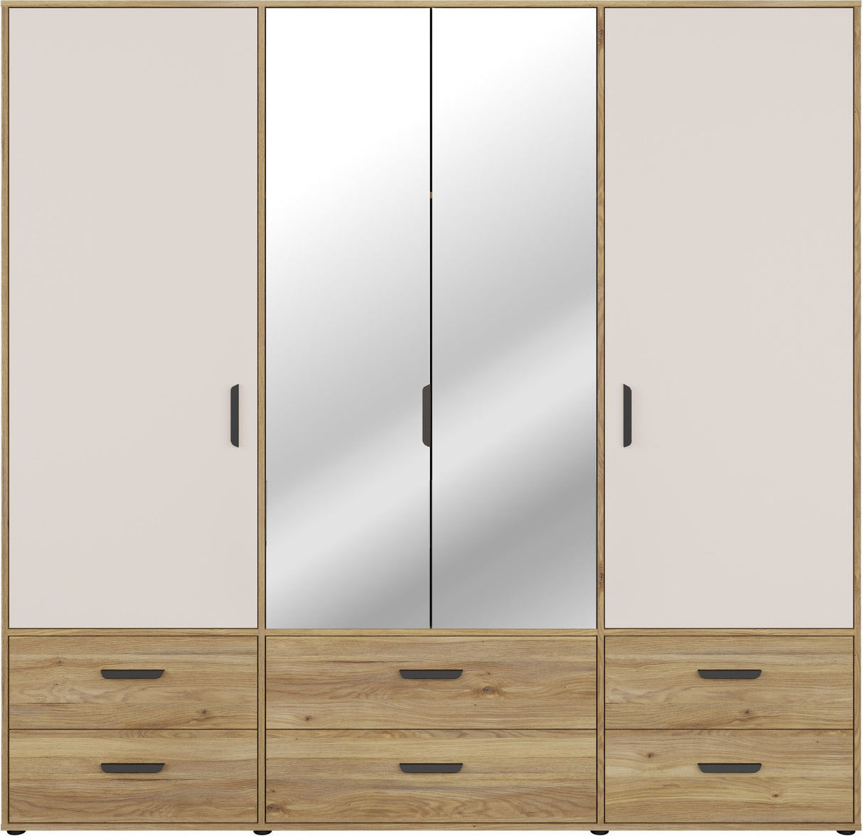 Armoire de chambre - MOKKARO - Décor Chene et sable - 4 portes battantes - 6 tiroirs - 2 miroirs - L205,9 x P52,7 x H200cm