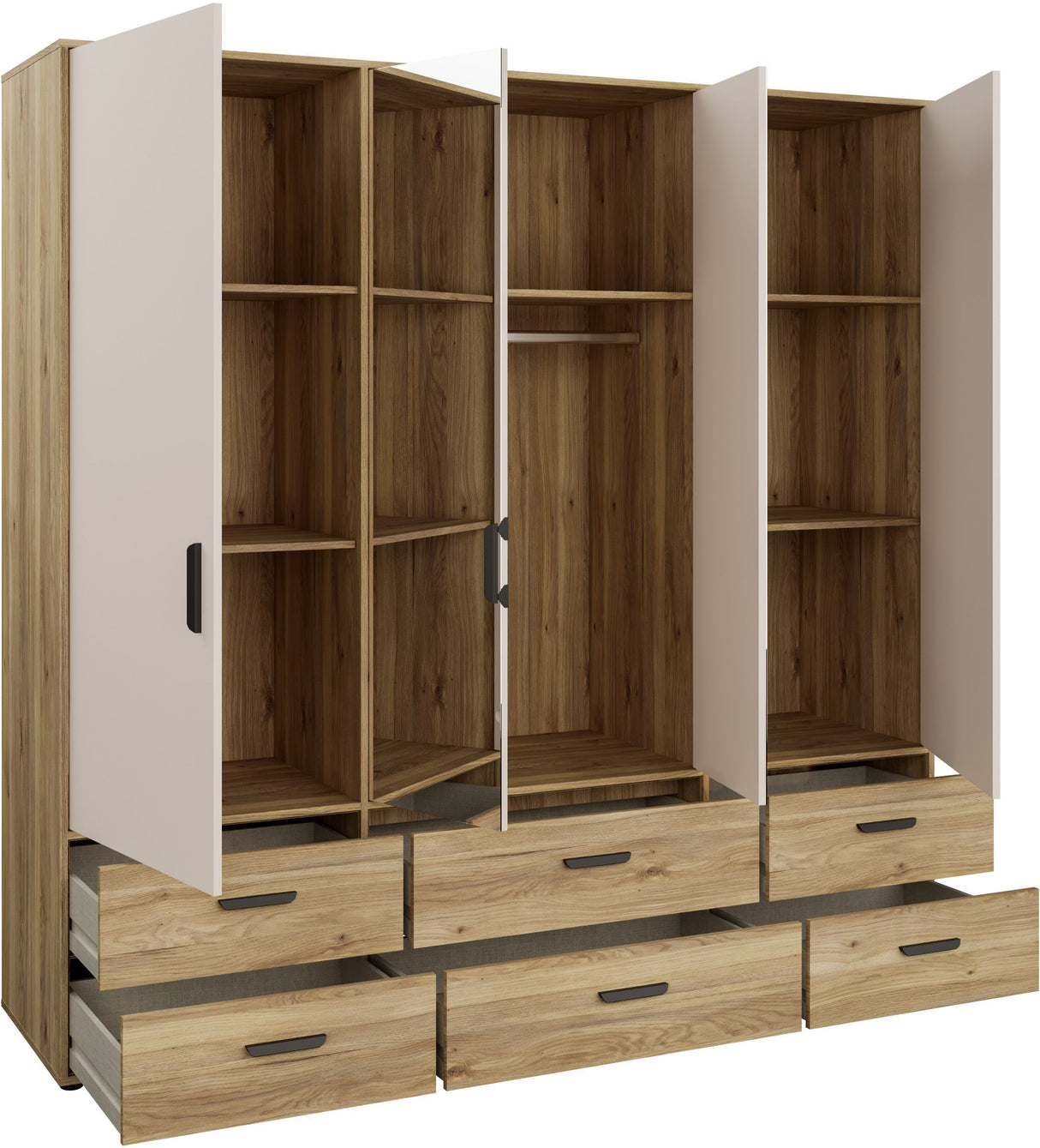 Armoire de chambre - MOKKARO - Décor Chene et sable - 4 portes battantes - 6 tiroirs - 2 miroirs - L205,9 x P52,7 x H200cm