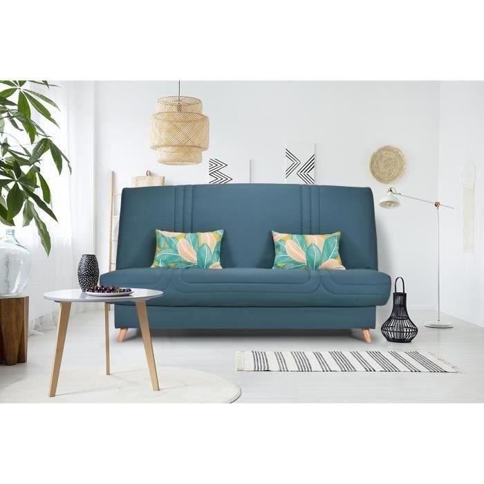 COMFORT BULTEX Banquette clic - Tissu bleu + Coussins dÈco jungle - L193 x P95 x H101- MONA