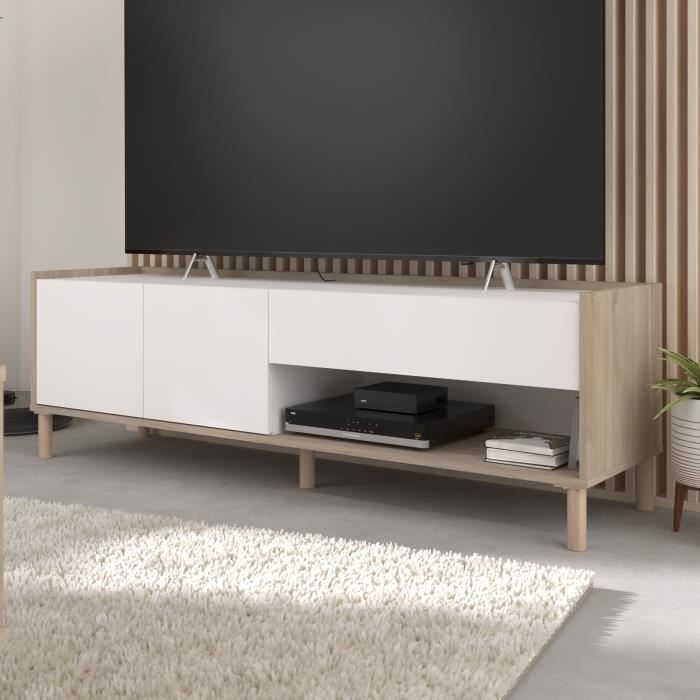 Meuble TV MORPHOS L 150 x P 40 x H 47,3 cm - Décor blanc / Chene - PARISOT