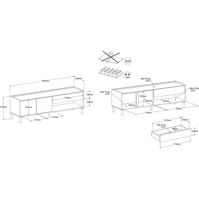 Meuble TV MORPHOS L 150 x P 40 x H 47,3 cm - Décor blanc / Chene - PARISOT