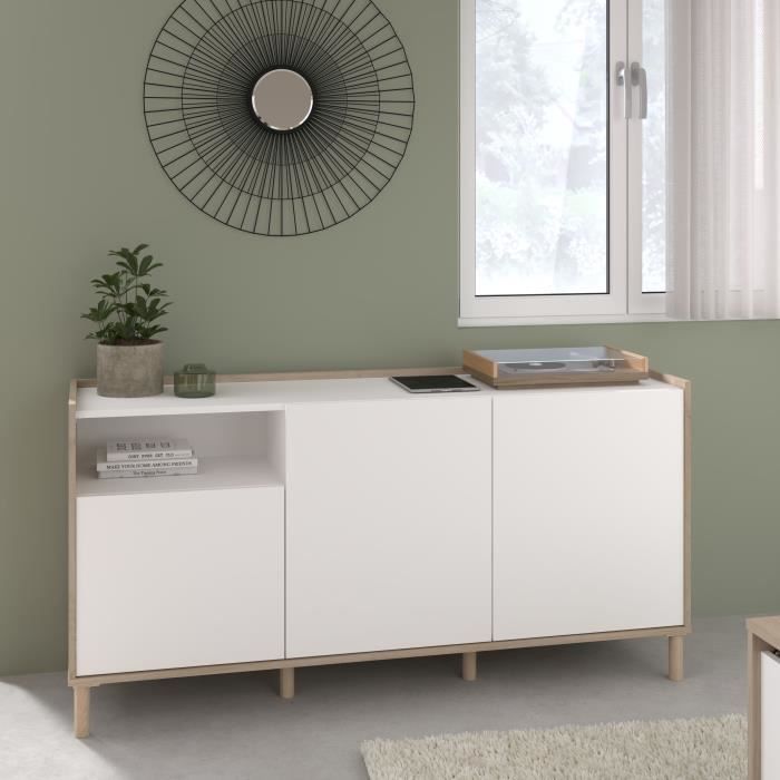 Buffet MORPHOS - L 150 x P 40 x H 74,5 cm - Décor blanc / Chene - 3 portes - PARISOT