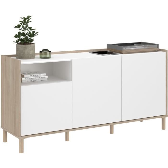 Buffet MORPHOS - L 150 x P 40 x H 74,5 cm - Décor blanc / Chene - 3 portes - PARISOT