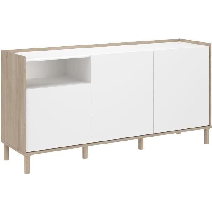 Buffet MORPHOS - L 150 x P 40 x H 74,5 cm - Décor blanc / Chene - 3 portes - PARISOT