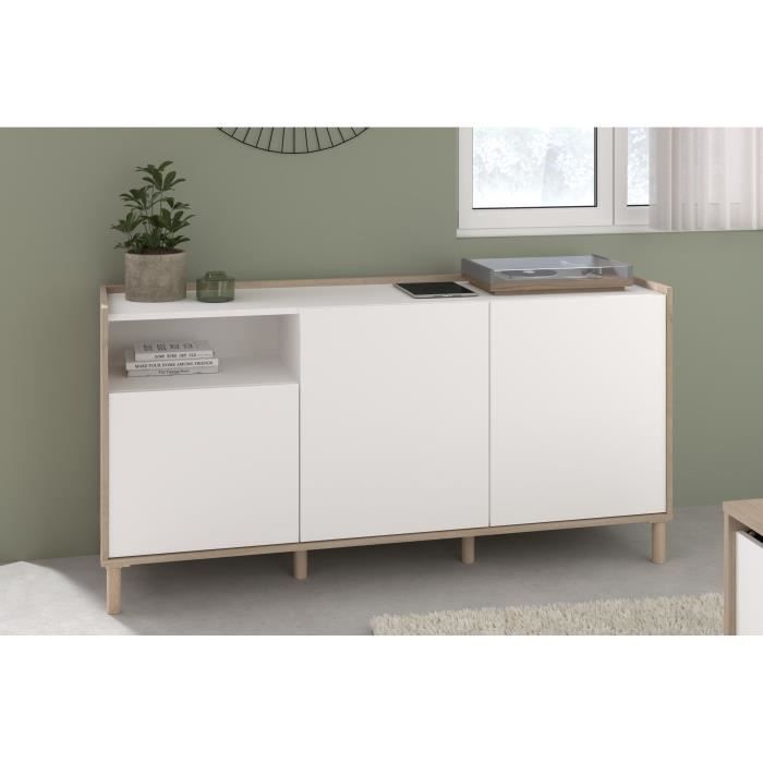Buffet MORPHOS - L 150 x P 40 x H 74,5 cm - Décor blanc / Chene - 3 portes - PARISOT
