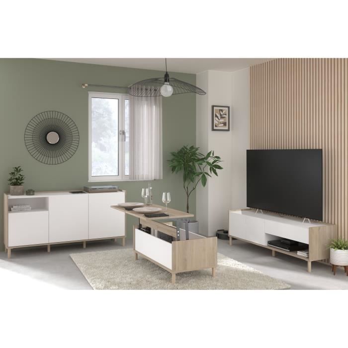 Ensemble meuble de salon - Meuble TV, table basse, buffet bas - MORPHOS - Décor blanc / Chene - PARISOT