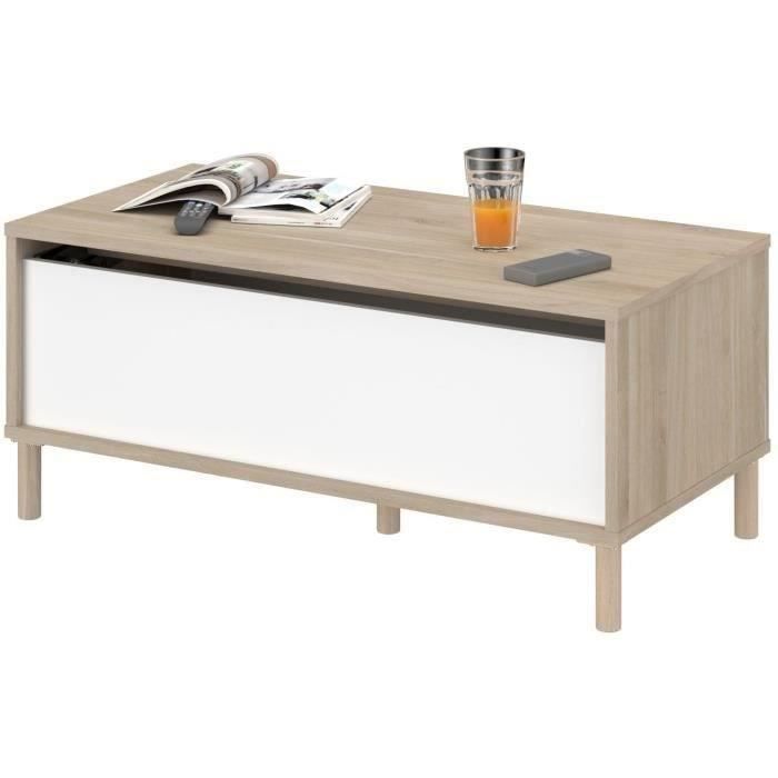 Table basse relevable MORPHOS - L 100 x P 50 x H 43,6 cm - Rectangulaire - Décor blanc / Chene - PARISOT