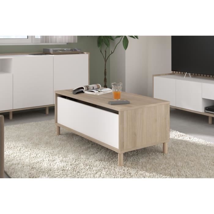 Table basse relevable MORPHOS - L 100 x P 50 x H 43,6 cm - Rectangulaire - Décor blanc / Chene - PARISOT
