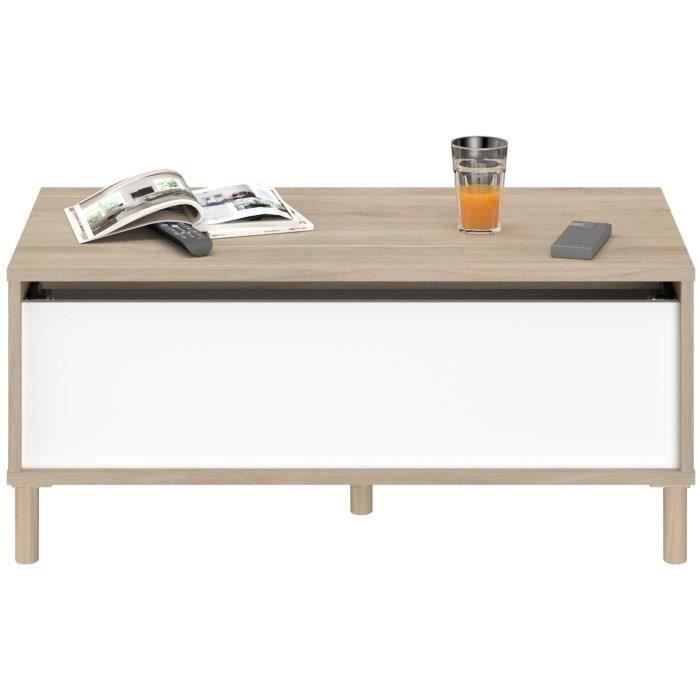 Table basse relevable MORPHOS - L 100 x P 50 x H 43,6 cm - Rectangulaire - Décor blanc / Chene - PARISOT