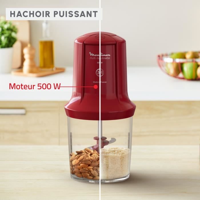 MOULINEX Multimoulinette Mini hachoir Èlectrique, 500 ml, 6 lames acier inoxydable, 2 vitesses, Mixeur, FabriquÈ en France AT714G32