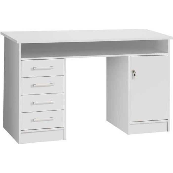 Bureau droit a clÈs avec 1 porte et 4 tiroirs - DÈcor papier blanc - 126 x P 55 x H 76 cm - ALICANTE