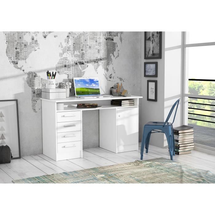 Bureau droit a clÈs avec 1 porte et 4 tiroirs - DÈcor papier blanc - 126 x P 55 x H 76 cm - ALICANTE