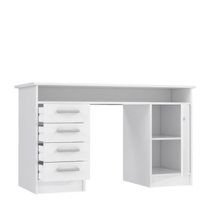 Bureau droit a clÈs avec 1 porte et 4 tiroirs - DÈcor papier blanc - 126 x P 55 x H 76 cm - ALICANTE