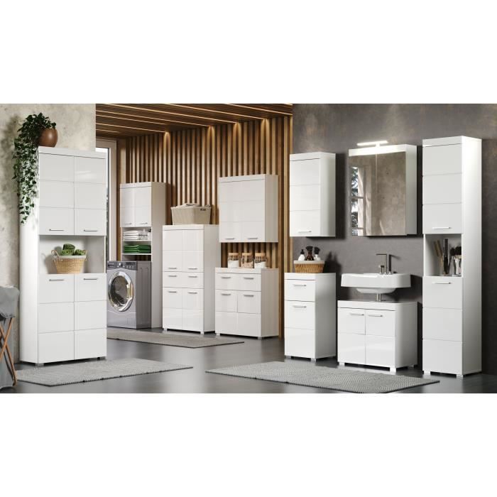 Meuble de salle de bain Rangement haut - 1 porte - Blanc - L 37 x P 23 x H 77 cm - AMANDA