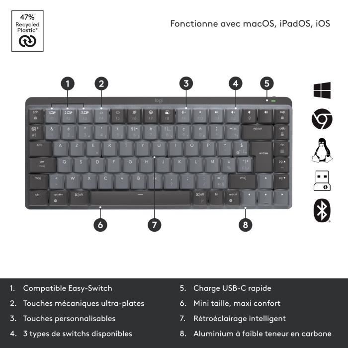 Clavier - Sans Fil - Logitech - MX Mini - AZERTY - Mécanique - Rétroéclairé - Graphite