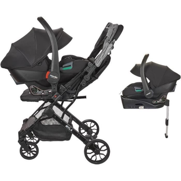 NANIA - Poussette combinée 2-en-1 avec siege auto Rimini + base isofix - MYLA - 4 roues - Noir