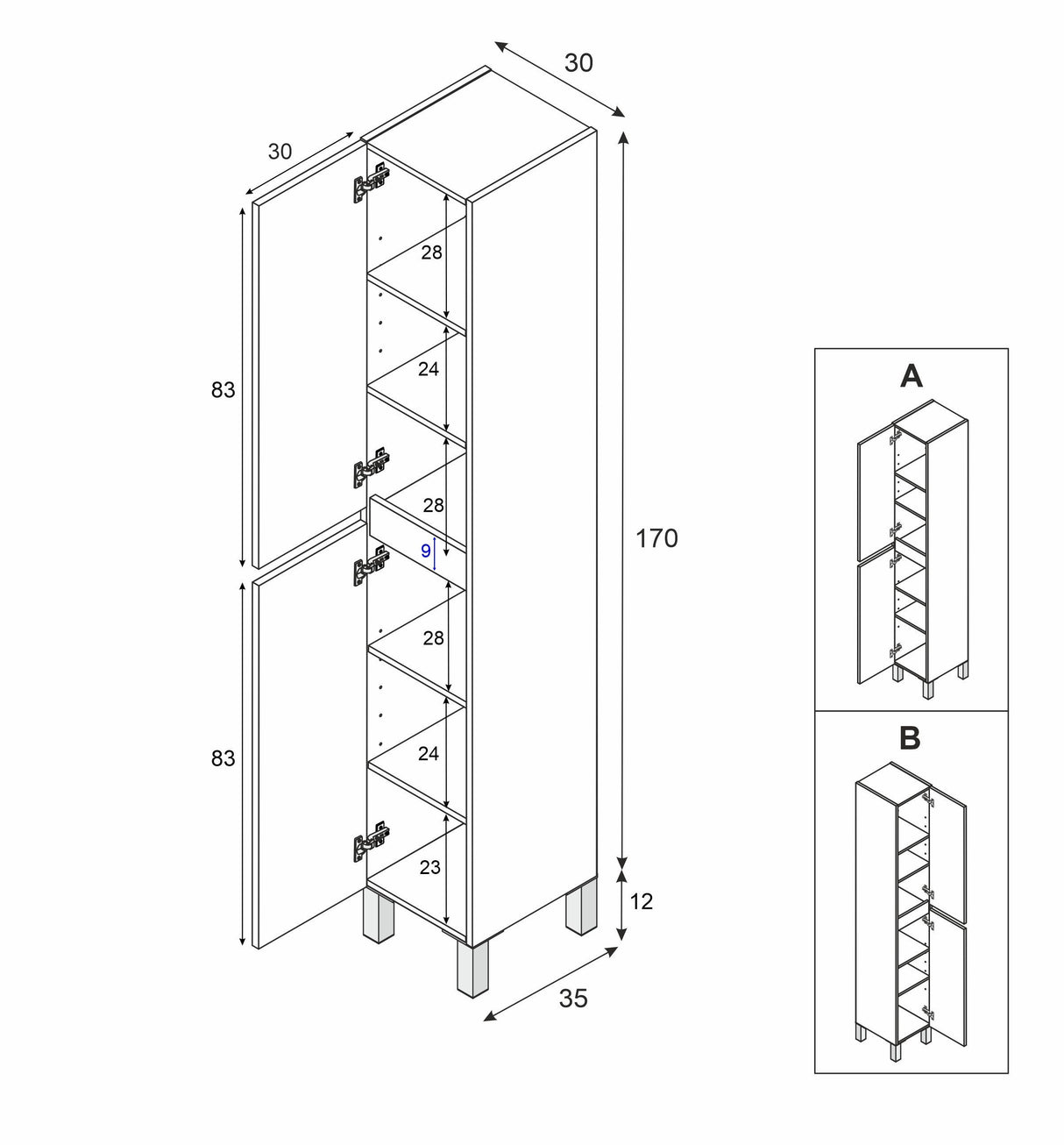 Colonne de salle de bain - NEREA - Blanc brillant - 2 portes - 30 x 35 x 182 cm