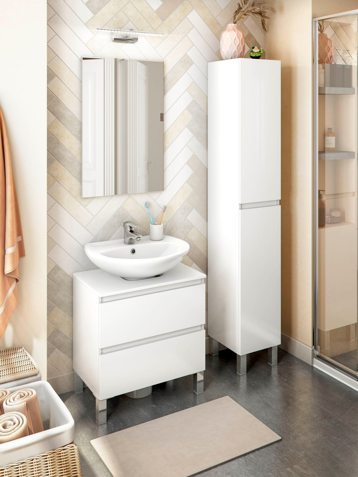 Colonne de salle de bain - NEREA - Blanc brillant - 2 portes - 30 x 35 x 182 cm