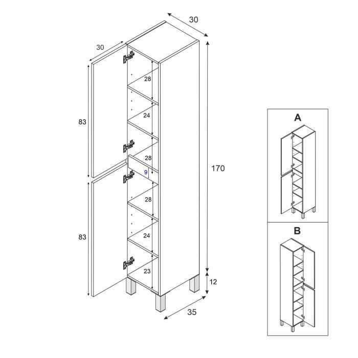 Meuble de salle de bain - Colonne - Décor Blanc brillant - 2 portes - L30 x P35 x H182 cm - NEREA
