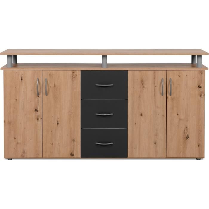 Buffet NEVADA - Décor Chene artisan et Anthracite - 4 portes 3 tiroirs - L 155 x H 83 x P 35 cm