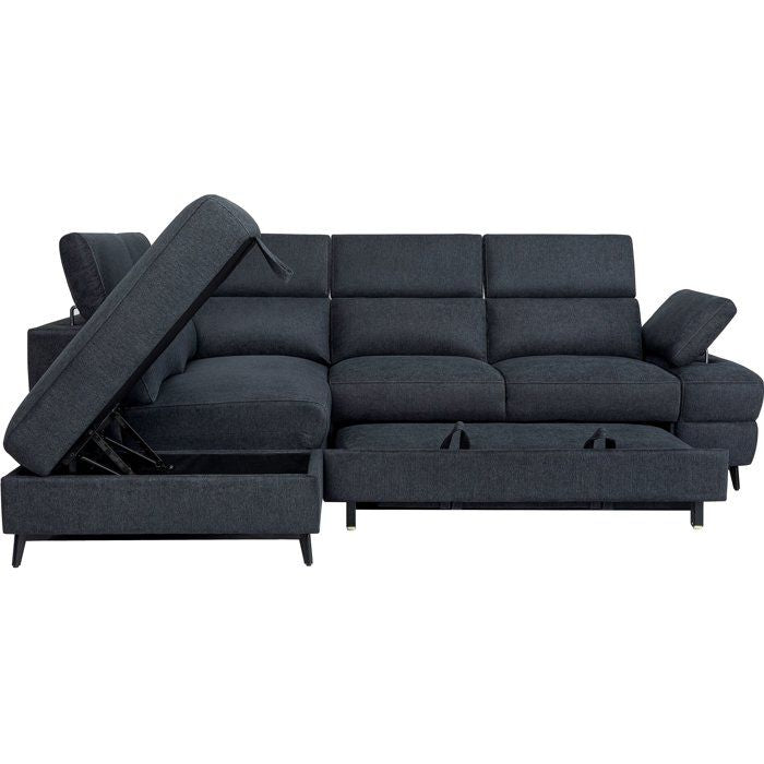 Canapé d'angle convertible - 5 places - NINA - Tissu Noir - Coffre - 255 x 208 x 73 cm