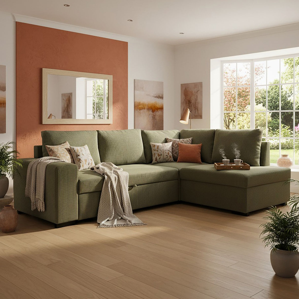 Canapé d'angle convertible réversible - 4/5 places - NIRVANA - Tissu velours cotelé Kaki - Coffre de rangement - 247 x 87 x 183 cm