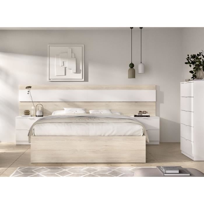 Lit adulte avec chevets intégrés NIZA - 160 x 200 cm - Chene naturel / Blanc