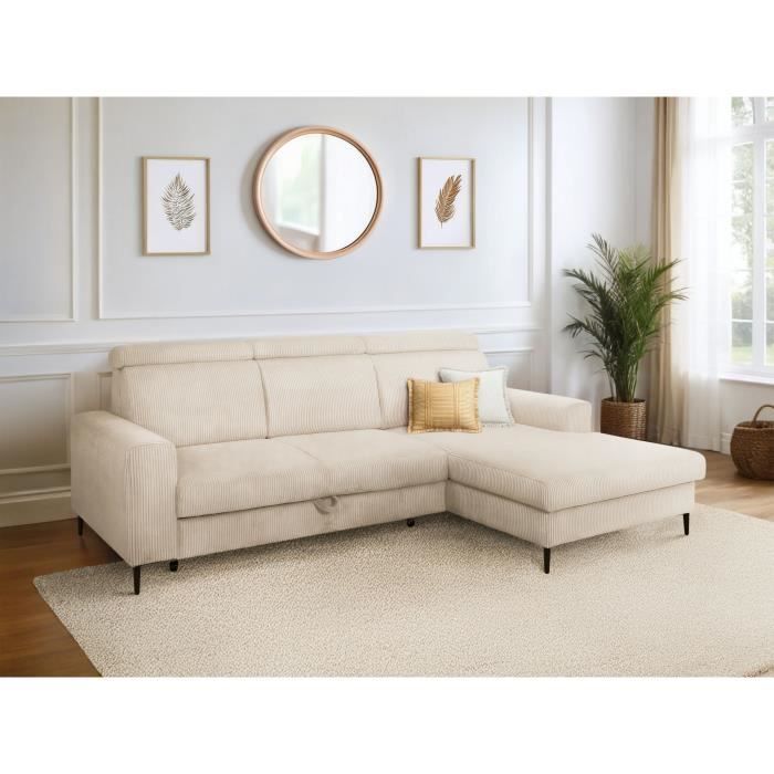 Canapé d'angle convertible - 4 places - NIZZA - Velours côtelé Beige - Coffre - 250 x 166 x 92/104 cm