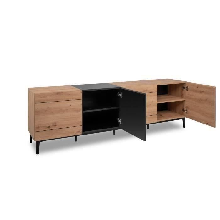 Buffet Bas / Meuble TV NOLA - DÈcor chene et noir - 4 portes - L 200 x P 42 x H 65 cm