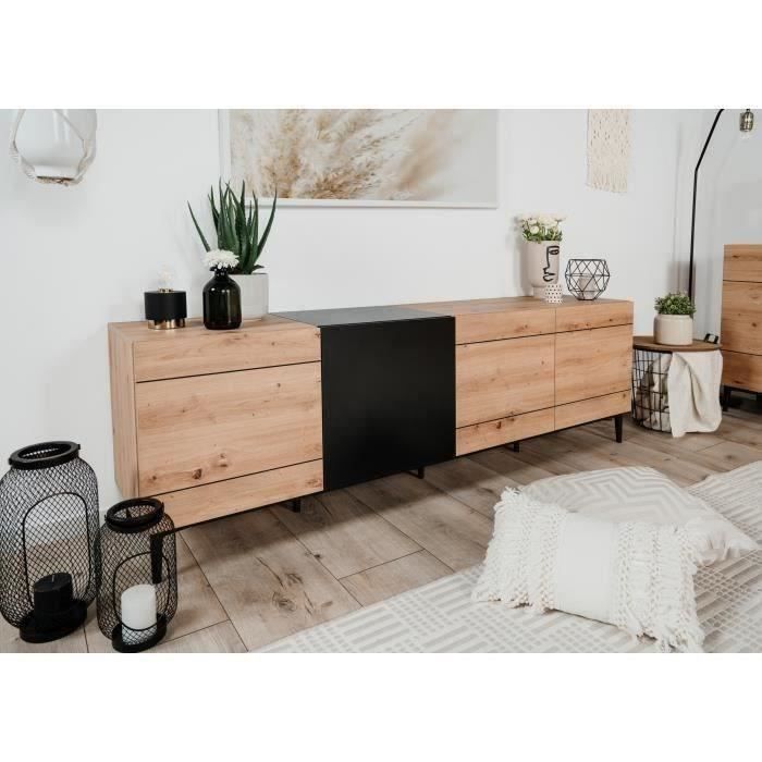 Buffet Bas / Meuble TV NOLA - DÈcor chene et noir - 4 portes - L 200 x P 42 x H 65 cm