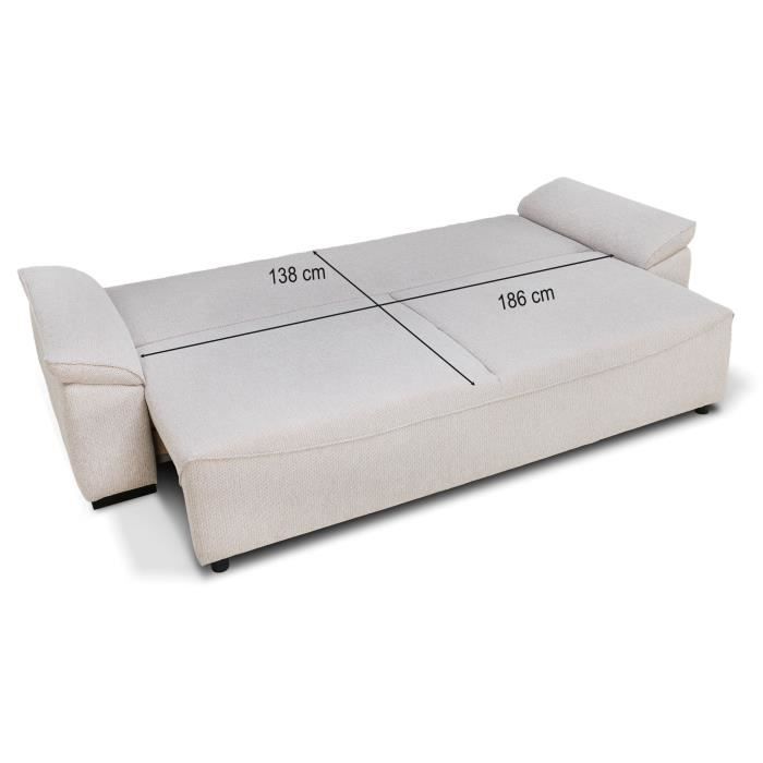 Canapé convertible avec coffre - 3 a 4 places - NORMAN - Tissu beige - 240 x 85 x 85 cm