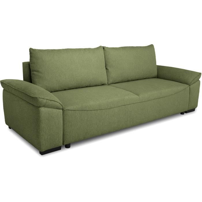 Canapé convertible avec coffre - 3 a 4 places - NORMAN - Tissu olive - 240 x 85 x 85 cm