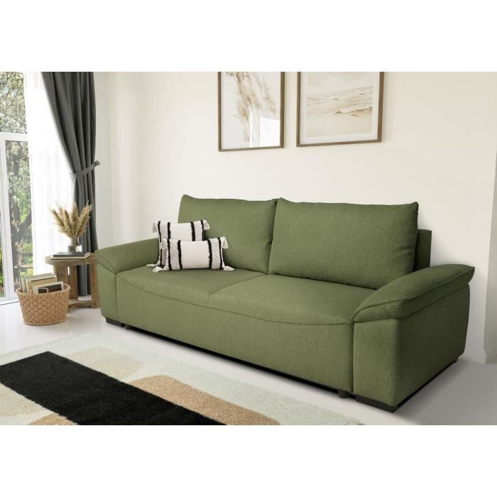 Canapé convertible avec coffre - 3 a 4 places - NORMAN - Tissu olive - 240 x 85 x 85 cm